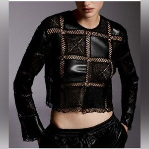 Zara Faux Leather Crochet Long Sleeve Top, Size M